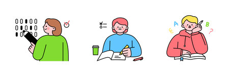 Education. Students studying hard and taking exams. OMR cards, incorrect answer notes, English study.のイラスト素材