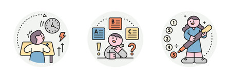 Education. Students studying hard and taking exams. Choose test time, confusing test questions, multiple choice answers.のイラスト素材