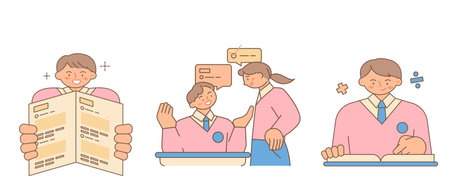 Education. Students studying hard and taking exams. Students with test papers, students talking with friends.のイラスト素材