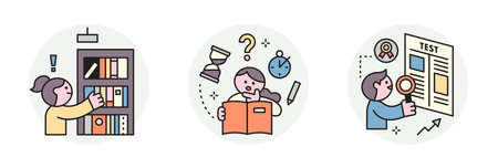 Education. Students studying hard and taking exams. Library, test preparation, answer search.のイラスト素材
