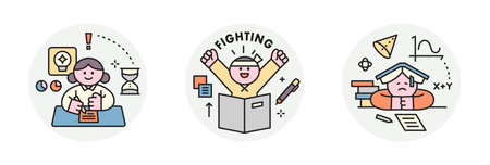 Education. Students studying hard and taking exams. students fighting. A student with a book on his head.のイラスト素材