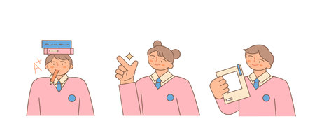 Education. Students studying hard and taking exams. A student holding a book and notebook above his head.のイラスト素材