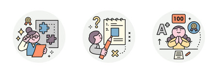 Education. Students studying hard and taking exams. A smart student who solves puzzles, checks wrong questions, and wishes for A-plus grades.のイラスト素材