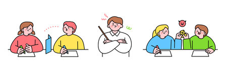 Education. Students studying hard and taking exams. Students cheating with test proctor.のイラスト素材