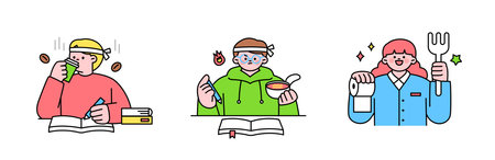 Education. Students studying hard and taking exams. Students drinking coffee and eating fast food while studying. Talisman for passing.のイラスト素材