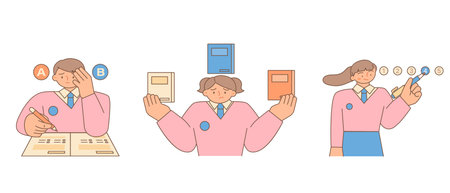 Education. Students studying hard and taking exams. Confusing test questions, choosing a book, choosing a number.のイラスト素材