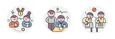Education. Students studying hard and taking exams. Number one rivals, test proctors, cheating students.のイラスト素材