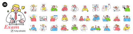 Education. Students studying hard and taking exams. korean students character mega set.のイラスト素材