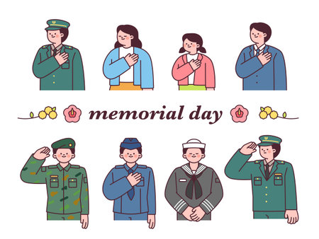 South Korea Memorial day. Soldier characters in military uniforms and mourning people characters. June 6のイラスト素材