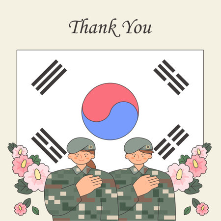 South Korea Memorial day. A soldier stands in front of the Korean flag. June 6のイラスト素材