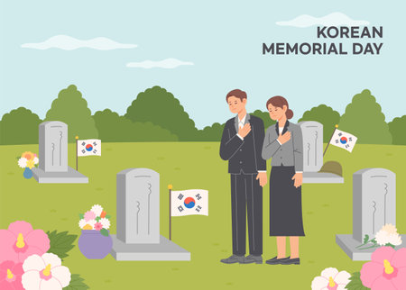 South Korea Memorial day. Two people are praying in silence at the memorial park cemetery. June 6のイラスト素材