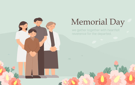 South Korea Memorial day. June 6 anniversary banner. Families pay their respects with a moment of silence.のイラスト素材