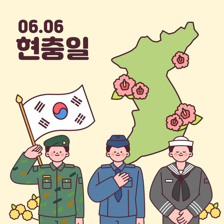 South Korea Memorial day. June 6. Soldiers in military uniform in front of a map of South Korea.のイラスト素材