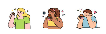 World Chocolate Day. Sweet chocolate and people. People of different races hold chocolate desserts in their hands.のイラスト素材