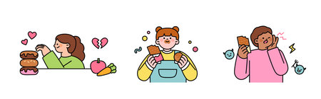 World Chocolate Day. Sweet chocolate and people. A child who eats chocolate instead of vegetables and has a sore tooth.のイラスト素材
