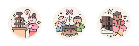 World Chocolate Day. Cute characters and sweet chocolate. fountain, cake, chocolate in foilのイラスト素材