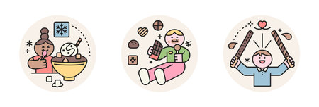 World Chocolate Day. Cute characters and sweet chocolate. choco shaved ice, dessert, choco stick.のイラスト素材