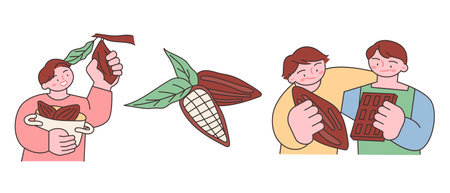 World Chocolate Day. Sweet chocolate and people. A farmer harvesting cacao beans in a cacao plantation. fair trade.のイラスト素材