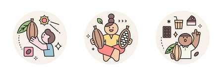 World Chocolate Day. Cute characters and sweet chocolate. Cacao farm, farmer, foodのイラスト素材