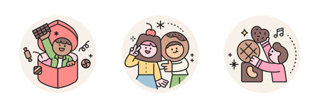 World Chocolate Day. Cute characters and sweet chocolate. gift box, couple photo, cookiesのイラスト素材