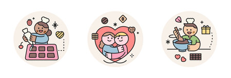World Chocolate Day. Cute characters and sweet chocolate. Chef making chocolate. heart couple.のイラスト素材
