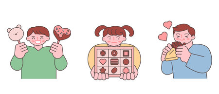 World Chocolate Day. Sweet chocolate and people. Children holding chocolate.のイラスト素材
