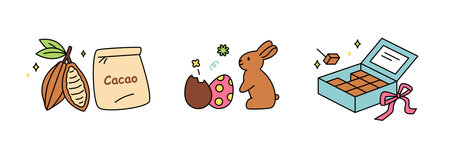 World Chocolate Day.Sweet dessert and people. Cacao beans, Easter bunnies and eggs, and pavÃ© chocolate.のイラスト素材