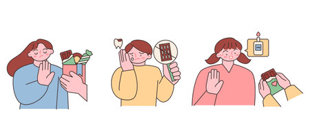 World Chocolate Day.Sweet dessert and people. Rejection, tooth decay, diabetes.のイラスト素材