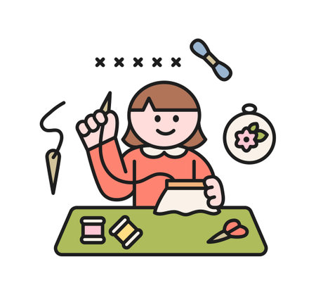 One day class workshop. People are learning new skills. Illustration of geometric design. French embroidery.のイラスト素材