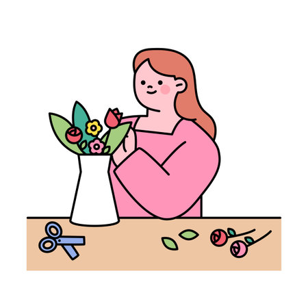 One day class workshop. People are learning new skills. flower arrangement.のイラスト素材