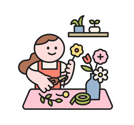 One day class workshop. People are learning new skills. Illustration of geometric design. Floral design.のイラスト素材