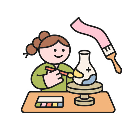 One day class workshop. People are learning new skills. Illustration of geometric design. pottery making.のイラスト素材