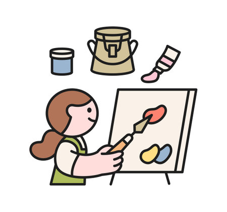 One day class workshop. People are learning new skills. Illustration of geometric design. Drawing a picture on an easel.のイラスト素材