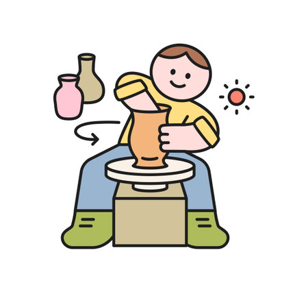 Hobby class. A boy is making pottery.のイラスト素材