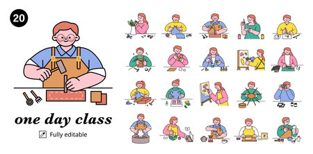 Hand craft workshop. People are enjoying various hobbies.のイラスト素材