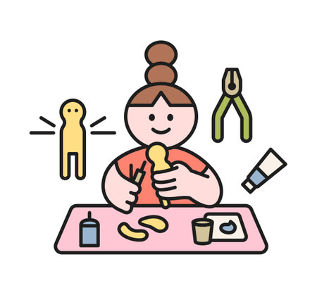 One day class workshop. People are learning new skills. Illustration of geometric design. Art toy workshop.のイラスト素材
