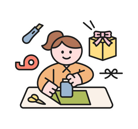 One day class workshop. People are learning new skills. Illustration of geometric design. Wrap the gift.のイラスト素材