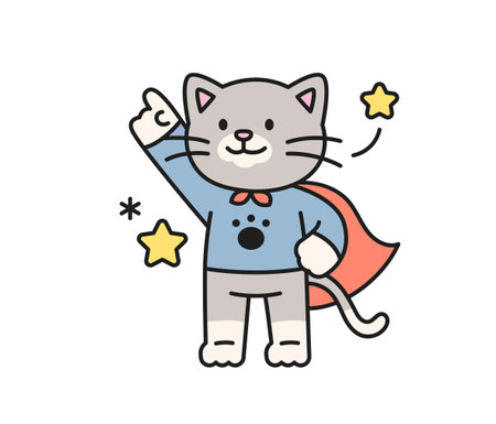 Cute cat. A cat superhero in a cape is pointing a finger up and doing a confident pose.のイラスト素材