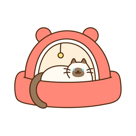 Cute cat. A Siamese cat sits in a cozy fabric cat house.のイラスト素材