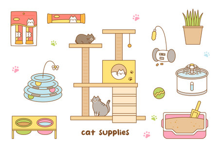 A collection of toys and household items for cats. cute outline style illustration.のイラスト素材