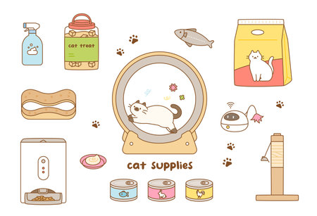 A collection of toys and household items for cats. cute outline style illustration.のイラスト素材