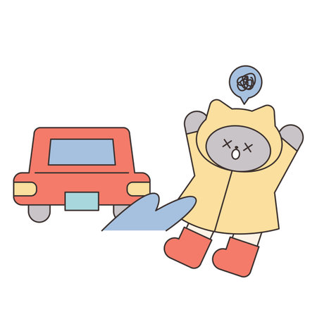 Rainy Day. Water is splashing on a cat in a raincoat as the car drives through a puddle. Simple illustration with outlines.のイラスト素材