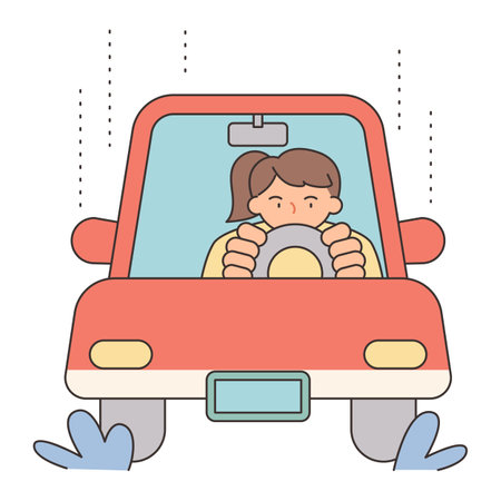 Rainy Day. A woman is having difficulty driving on a rainy day. Simple illustration with outlines.のイラスト素材