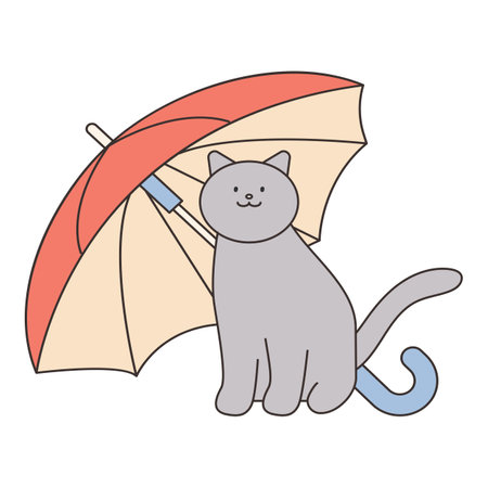 Rainy Day. A stray cat is sitting under an umbrella. Simple illustration with outlines.のイラスト素材