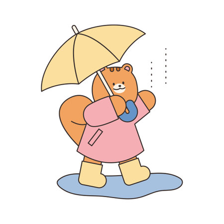 Rainy Day. A squirrel in a raincoat is walking with an umbrella. Simple illustration with outlines.のイラスト素材