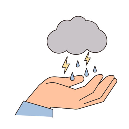 Rainy Day. Dark clouds are floating above your hands, and lightning and rain are falling. Simple illustration with outlines.のイラスト素材