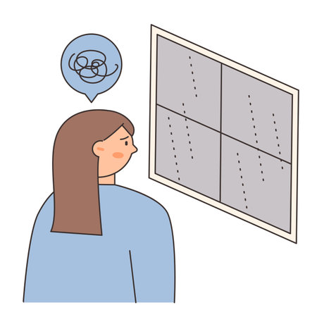 Rainy Day. A woman is looking out the window in the rain. Simple illustration with outlines.のイラスト素材