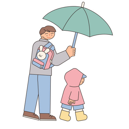 way to school. His dad is holding an umbrella for his little son on a rainy day. Simple illustration with outlines.のイラスト素材