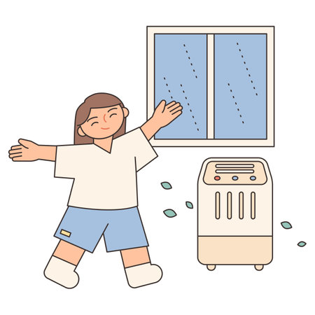 Rainy Day. A girl is having fun next to a dehumidifier on a rainy day. Simple illustration with outlines.のイラスト素材