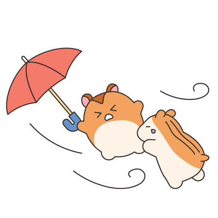Rainy Day. A friend holds on to a hamster holding an umbrella as it is blown away by the wind. Simple illustration with outlines.のイラスト素材